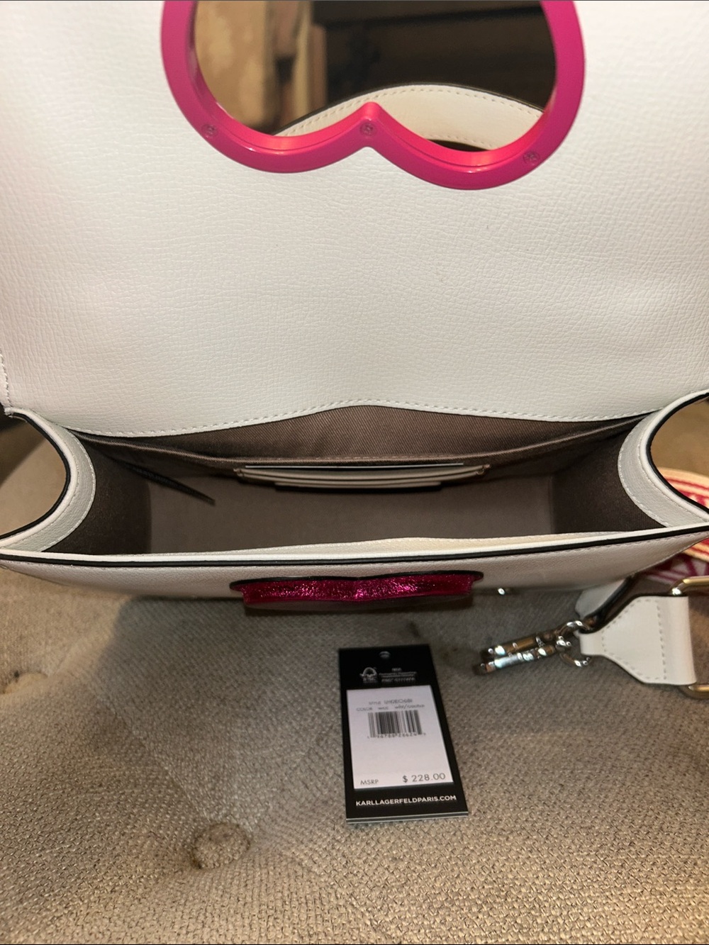 KARL LAGERFELD PARIS Simone Heart Flap Leather Bag - White/Cactus Pink Crossbody - Picture 9 of 11